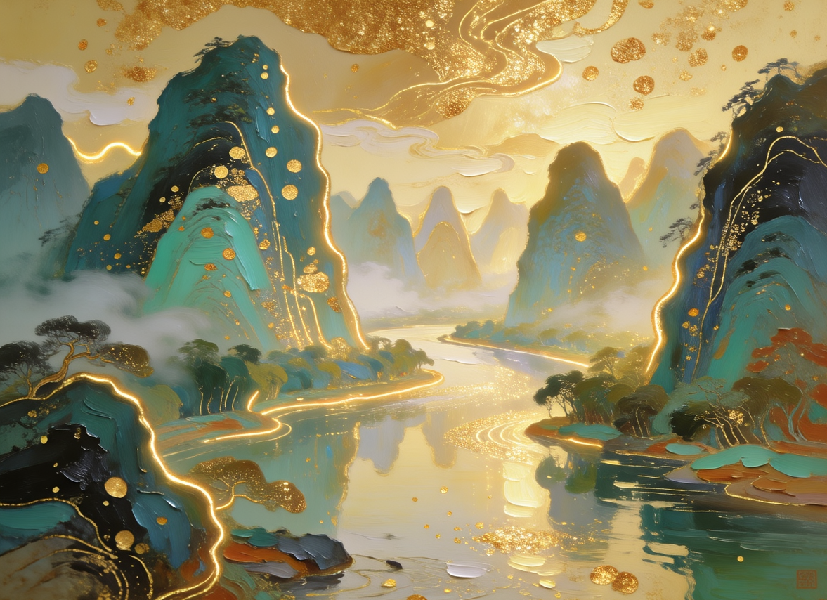 Gilded Guilin landscape painting generated by Boogu-Image-0.1