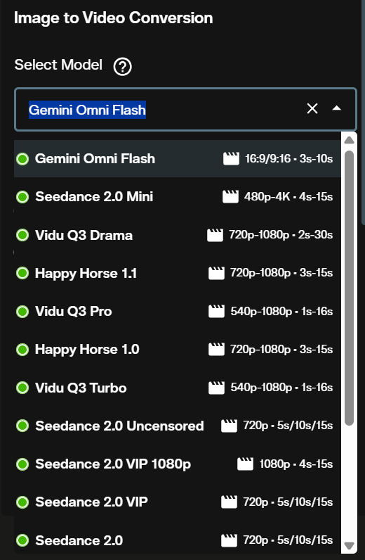 Model selector with Gemini Omni Flash highlighted for image to video generation
