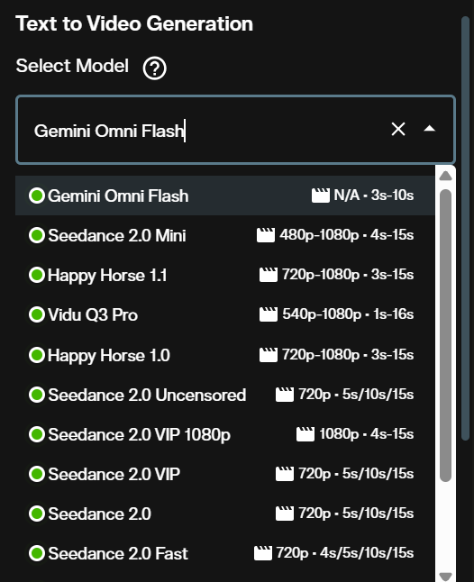 Model selector in the video workspace with Gemini Omni Flash highlighted