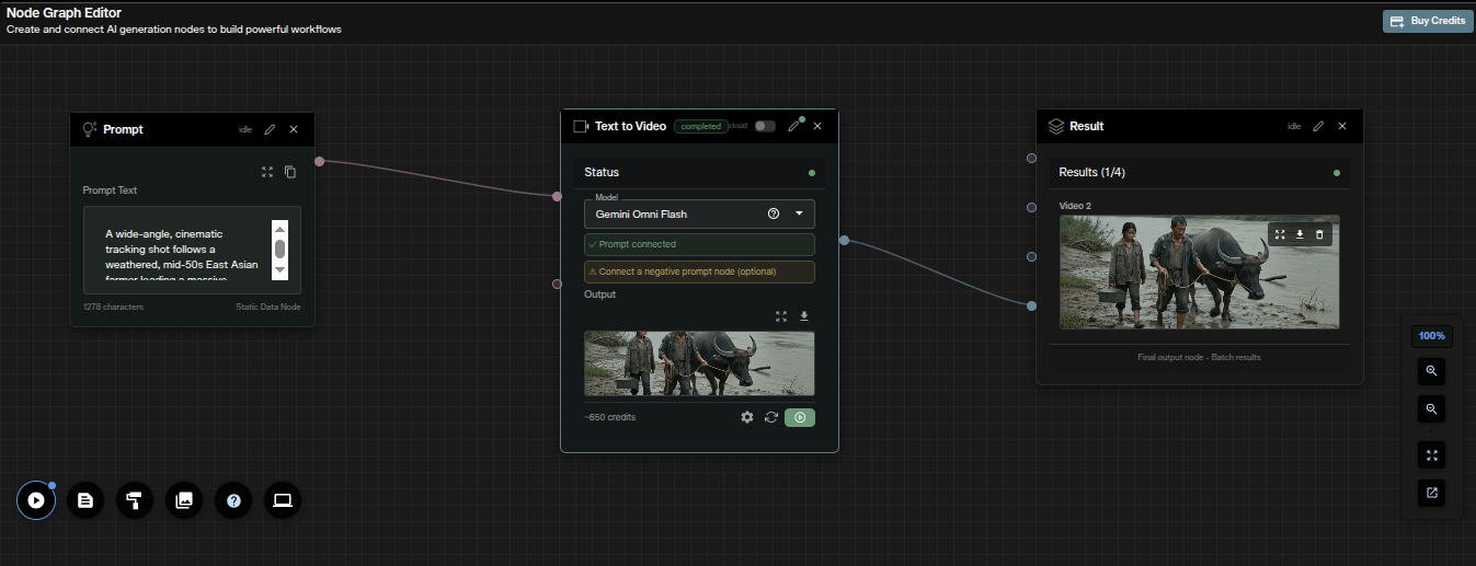 Gemini Omni Flash text to video workflow in AI FILMS Studio Nodes Graph Editor