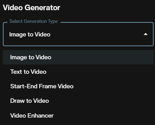 Video generation workspace showing Text to Video and Image to Video selection options