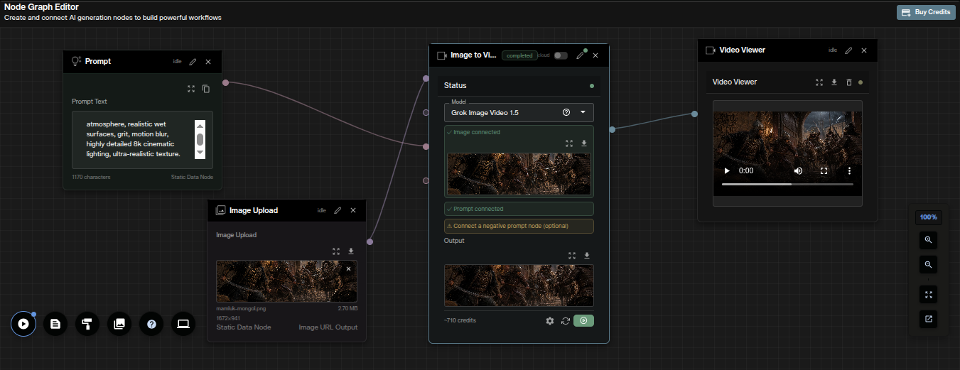 Grok Image Video 1.5 image to video node workflow with Prompt, Image Upload and Image to Video nodes