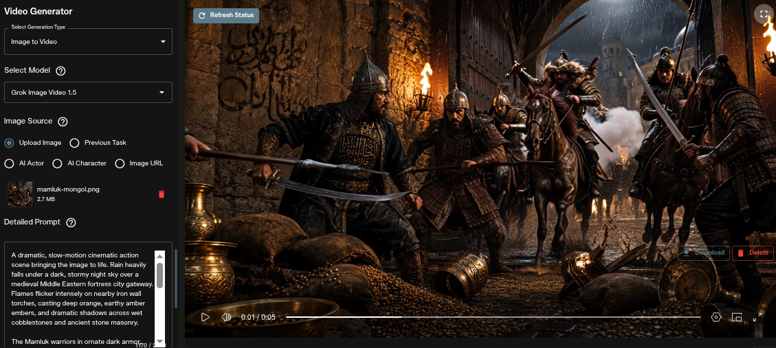 Grok Image Video 1.5 image to video interface with the Image Source section on AI FILMS Studio