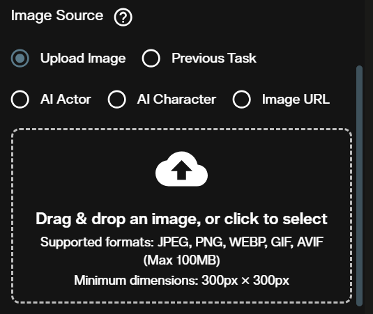 Image Source section with Upload Image, Previous Task, AI Actor, AI Character and Image URL options