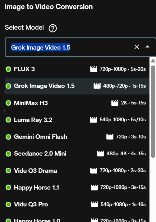 Model dropdown showing Grok Image Video 1.5 at 480p to 720p for image to video on AI FILMS Studio