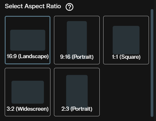 Grok Imagine Video 1.5 aspect ratio tiles showing 16:9, 9:16, 1:1, 3:2 and 2:3 options