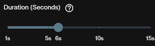 Duration slider for Grok Imagine Video 1.5 running from 1 second to 15 seconds