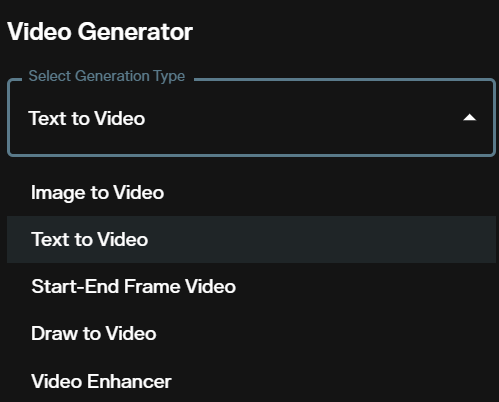 Select Generation Type dropdown showing Text to Video in the AI FILMS Studio video workspace
