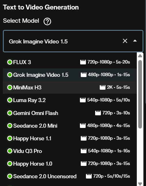 Model dropdown showing Grok Imagine Video 1.5 at 480p to 1080p and 1 to 15 seconds on AI FILMS Studio