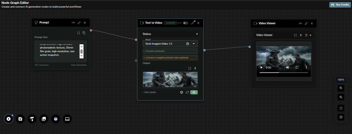 Grok Imagine Video 1.5 text to video node workflow connecting Prompt, Text to Video and Video Viewer