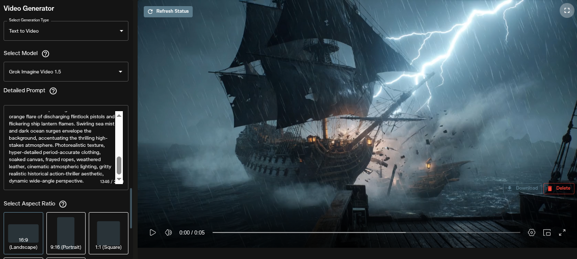 Grok Imagine Video 1.5 text to video generation workspace interface on AI FILMS Studio