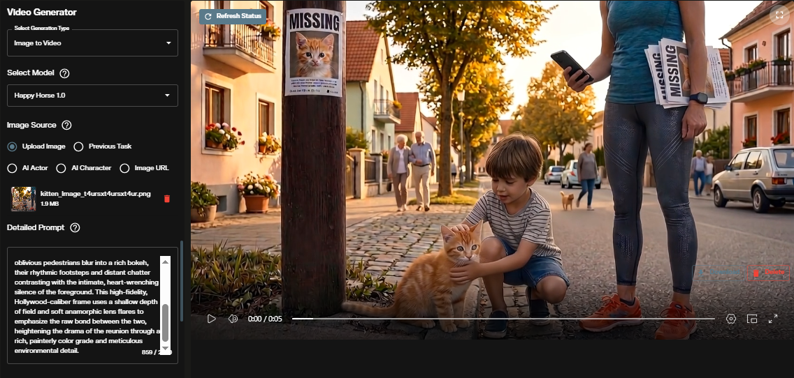 Happy Horse 1.0 image to video completed output showing animated result in the AI FILMS Studio workspace