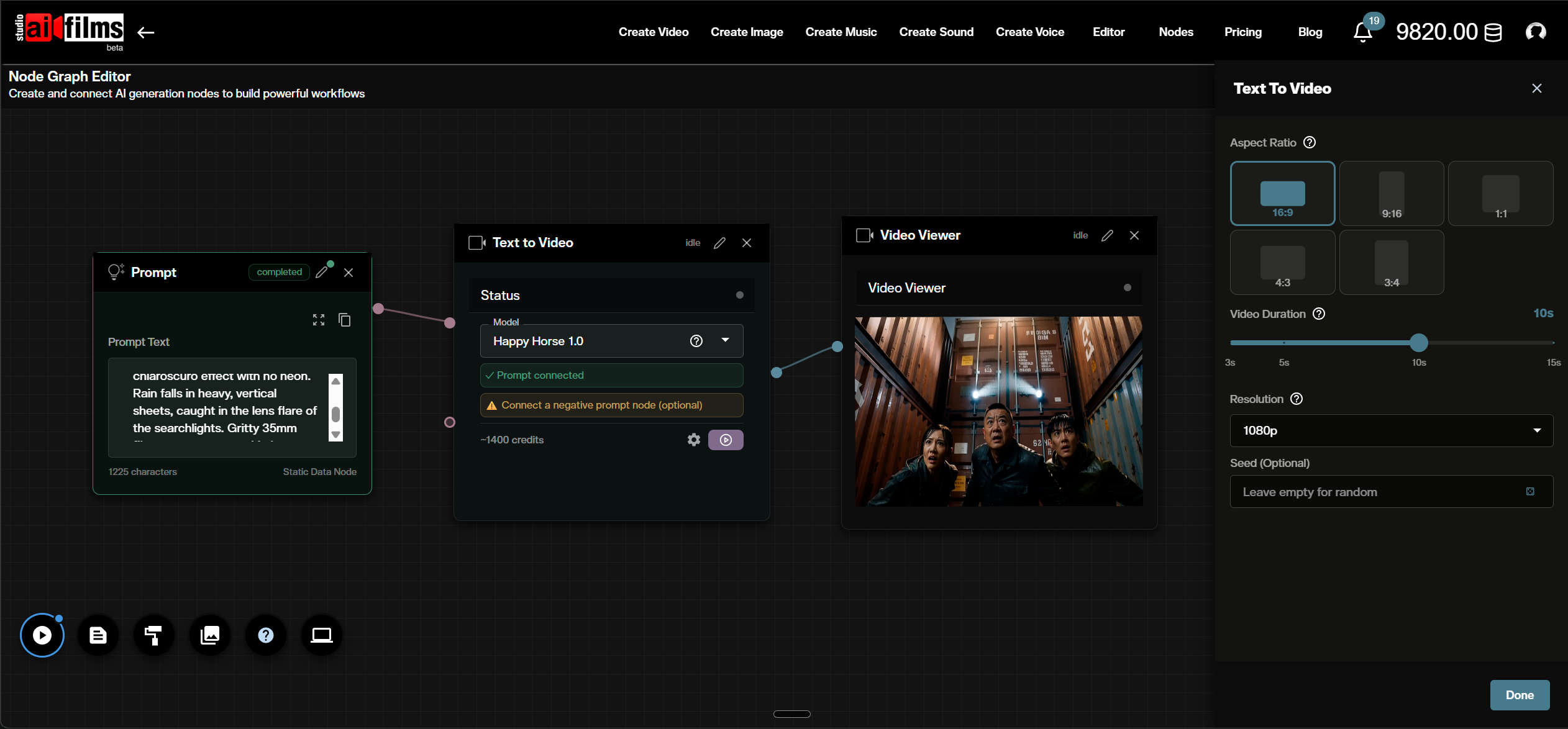 Happy Horse 1.0 text to video workflow in the AI FILMS Studio Nodes Graph Editor showing connected generation nodes