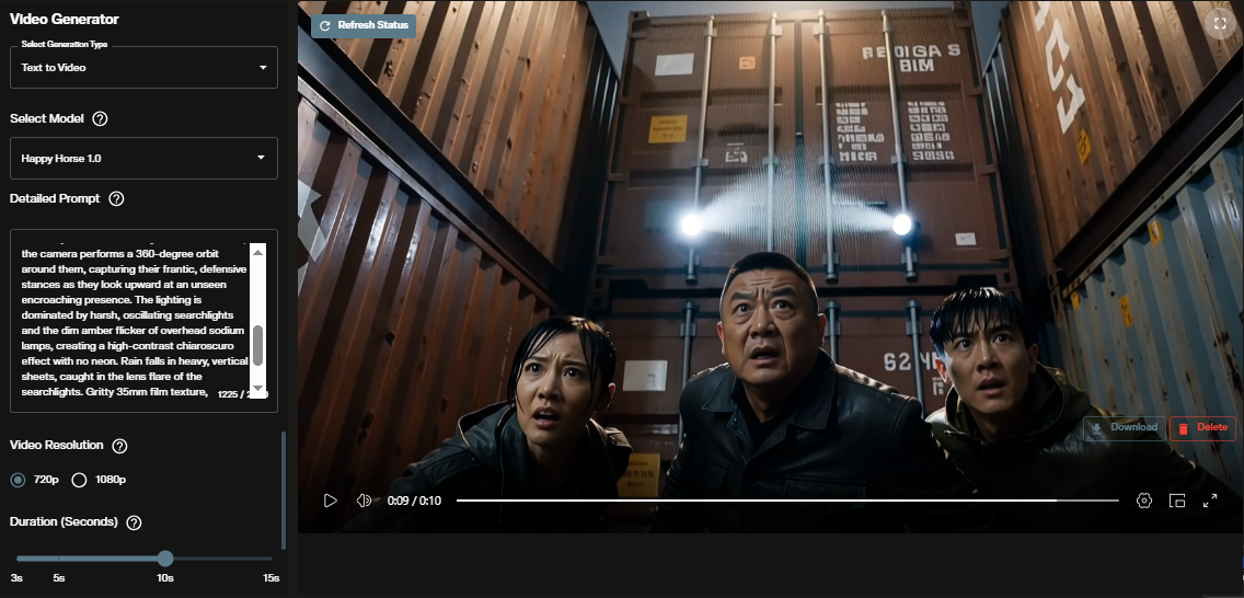 Happy Horse 1.0 text to video completed output displayed in the AI FILMS Studio interface