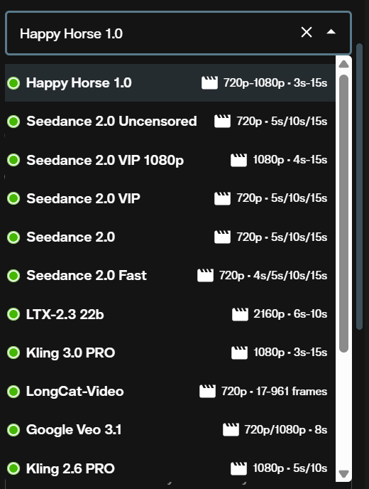 Happy Horse 1.0 selected in the AI FILMS Studio video generator model dropdown