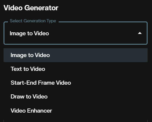 AI FILMS Studio video generator dropdown showing text to video and image to video options