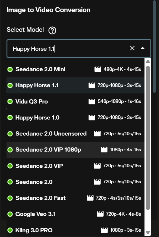 AI FILMS Studio model selector dropdown showing Happy Horse 1.1 selected for image to video generation