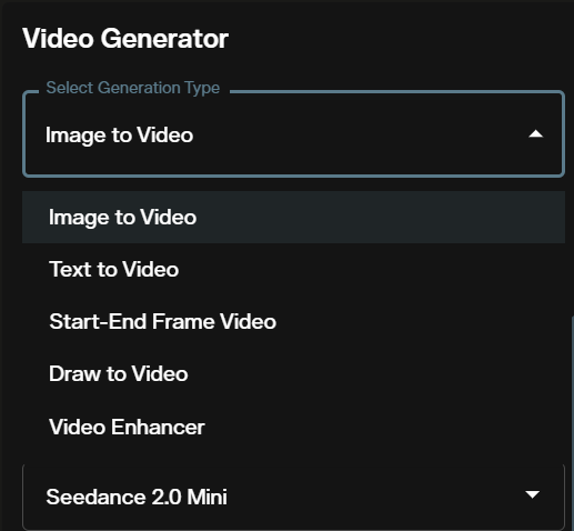 AI FILMS Studio video workspace generation type dropdown with Image to Video selected for Happy Horse 1.1