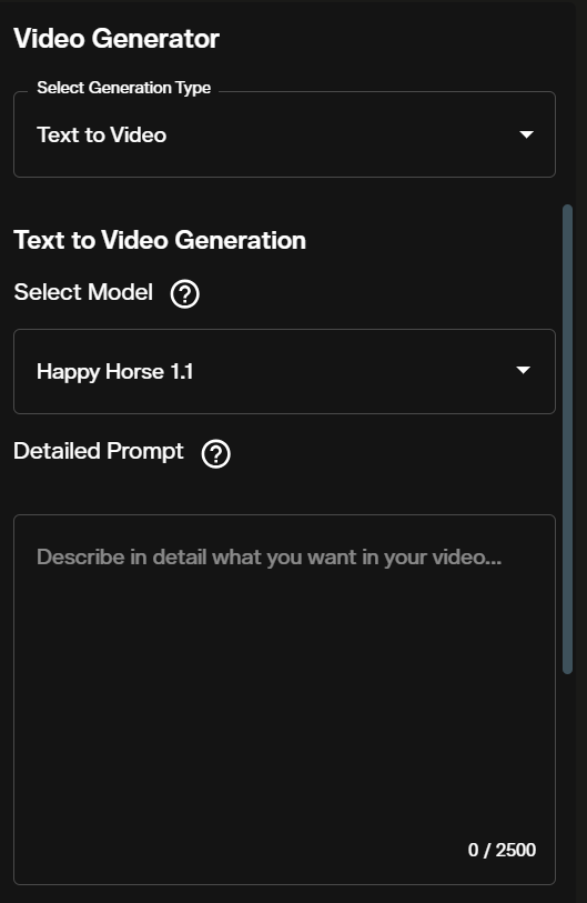 AI FILMS Studio video workspace showing generation type dropdown and model selection for Happy Horse 1.1