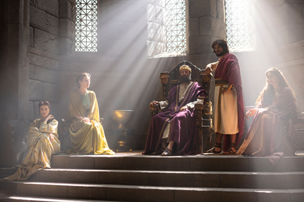 Interior throne room scene from House of David with dramatic lighting