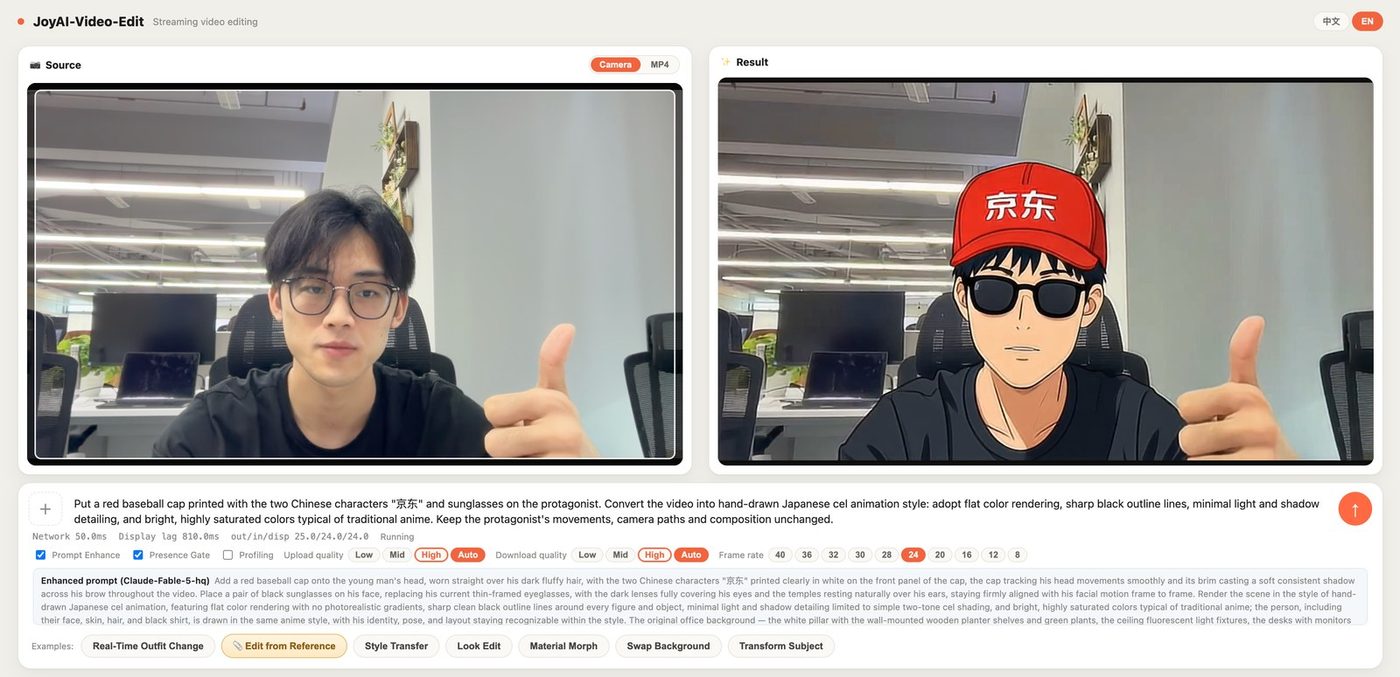 JoyAI-Video-Edit live webcam demo turning a camera feed into cel animation style
