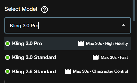 Kling model selection showing 3.0 Pro, 3.0 Standard, and 2.6 Standard