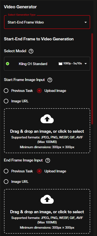 Kling O1 interface showing start frame and end frame image upload options