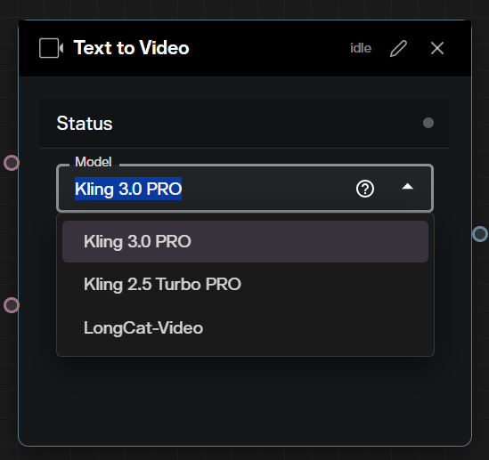 Text to video node configuration in the AI FILMS Studio graph editor