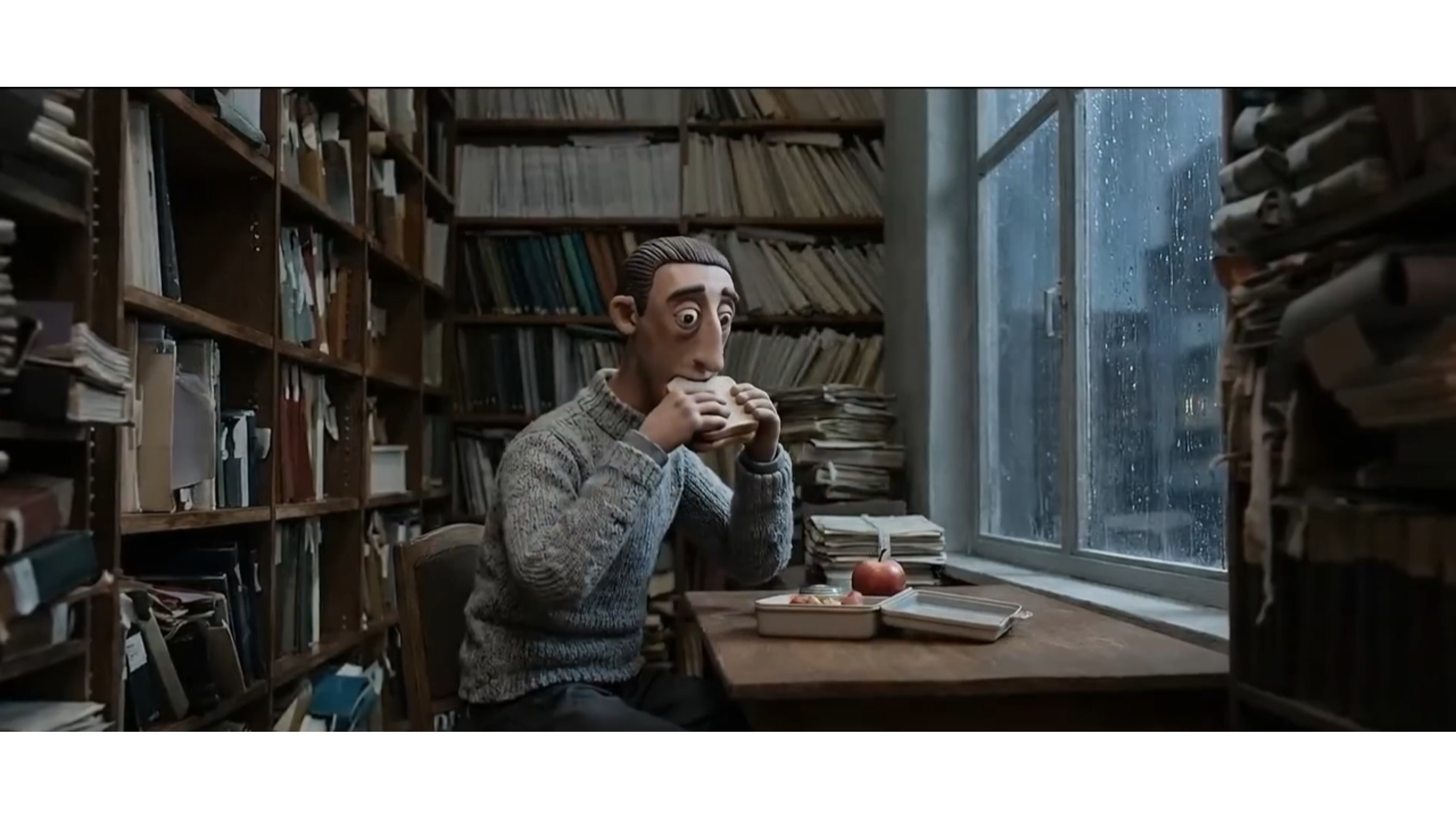 Moody scene from LILY showing archivist character in dim lighting