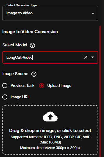LongCat Video image to video mode with upload dropzone accepting JPEG PNG WEBP GIF and AVIF files
