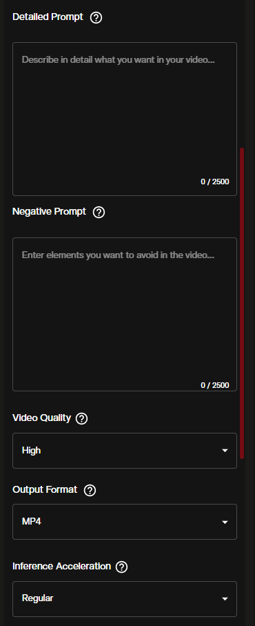 LongCat Video image to video prompt fields alongside Video Quality, Output Format, and Inference Acceleration dropdowns