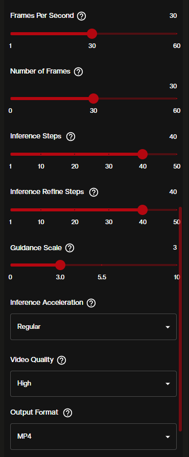 LongCat Video technical settings showing FPS, number of frames, inference steps, guidance scale, and output options sliders