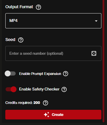 LongCat Video seed field, prompt expansion toggle, safety checker toggle, credits required indicator and Create button