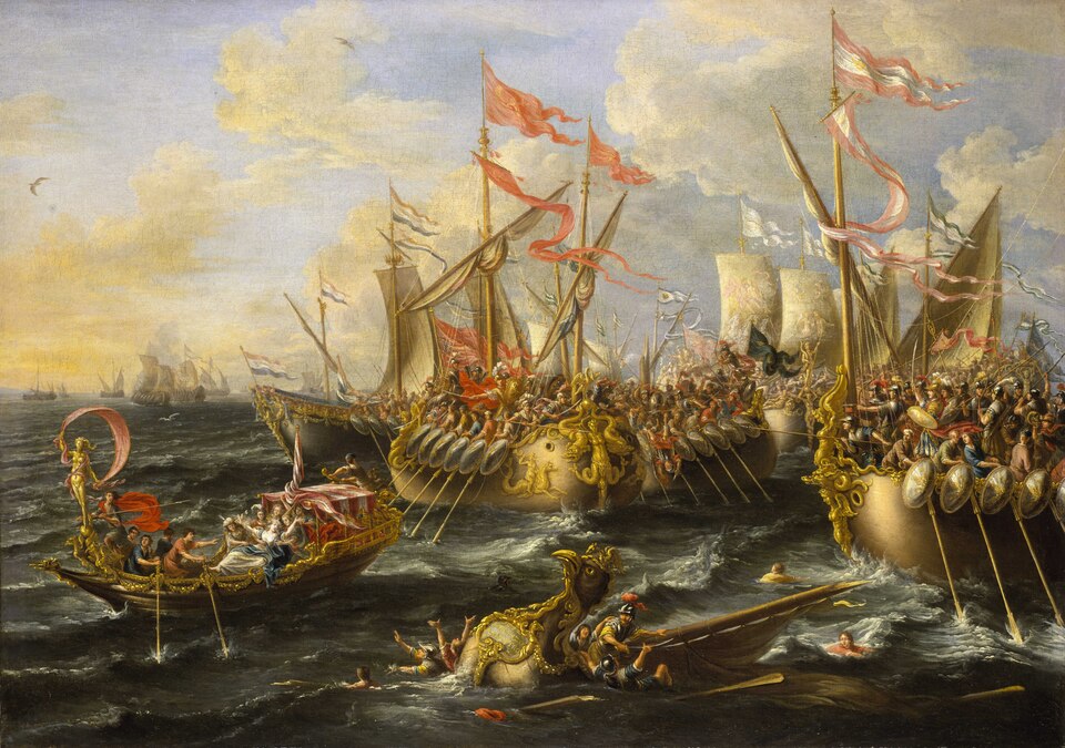 Historical painting of the naval Battle of Actium, September 2, 31 BC, between Octavian and the combined forces of Mark Antony and Cleopatra