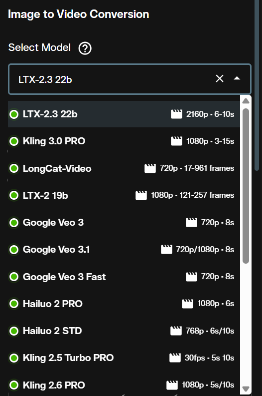 Model selection dropdown in the LTX-2.3 image-to-video generator on AI FILMS Studio