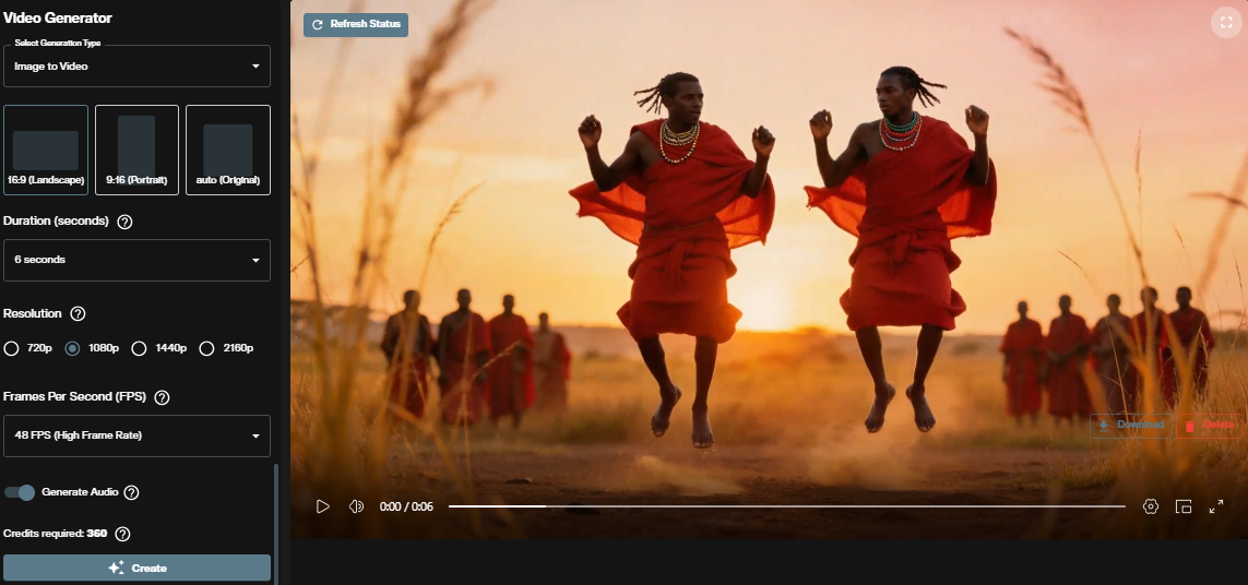 LTX-2.3 video generation interface on AI FILMS Studio showing a completed video output ready for preview