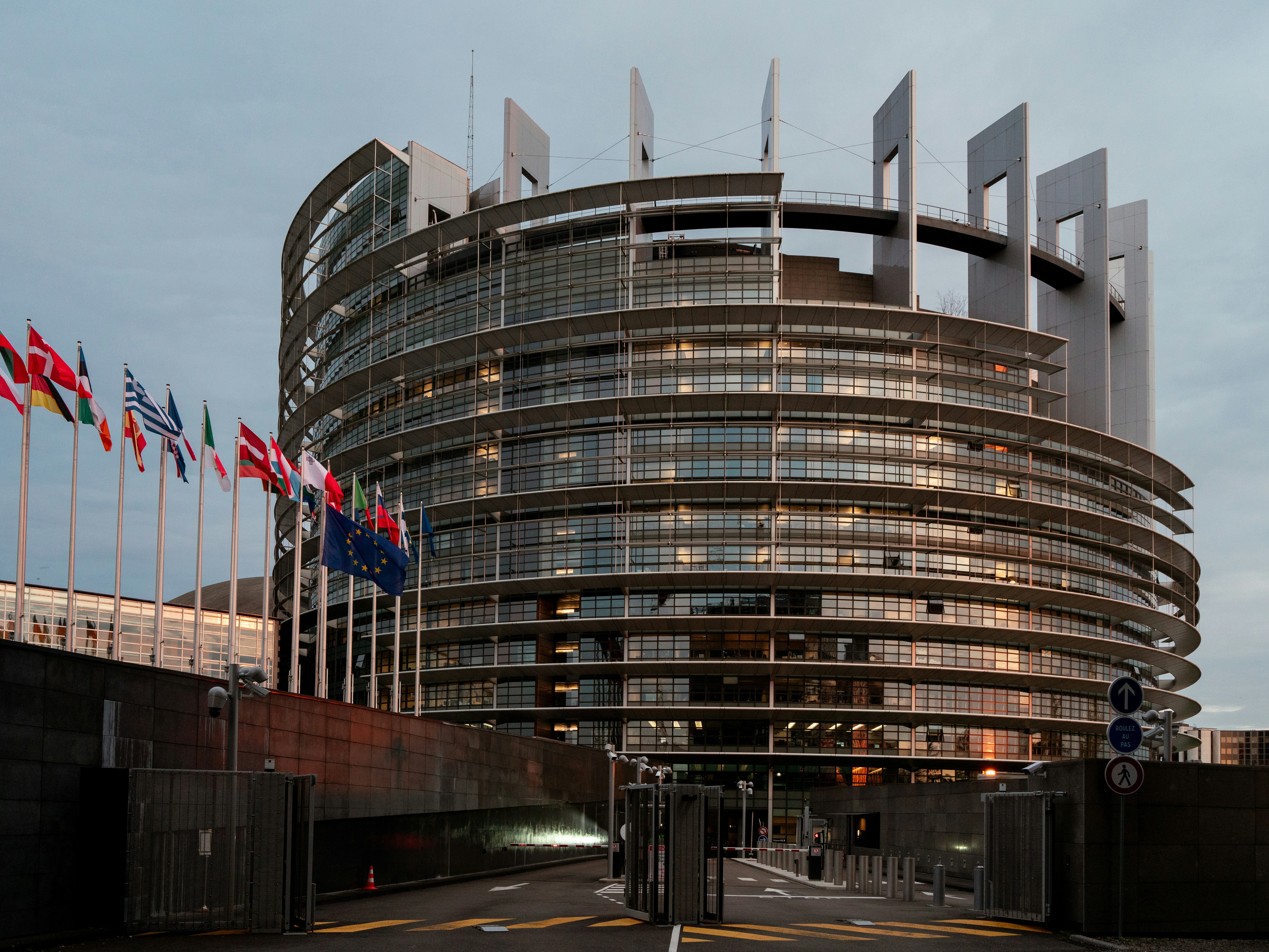 European Parliament (Louise Weiss building), Strasbourg, with member state flags