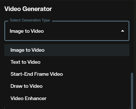 Luma Ray 3.2 image to video generation type selector on AI FILMS Studio video workspace
