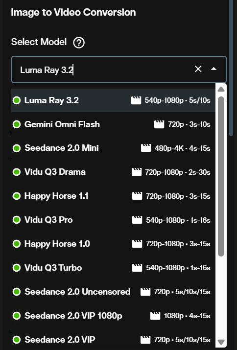 Model dropdown showing Luma Ray 3.2 image to video selected in the AI FILMS Studio workspace