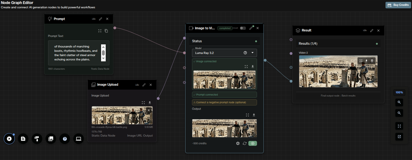 Luma Ray 3.2 image to video workflow in the AI FILMS Studio Nodes Graph Editor with connected nodes