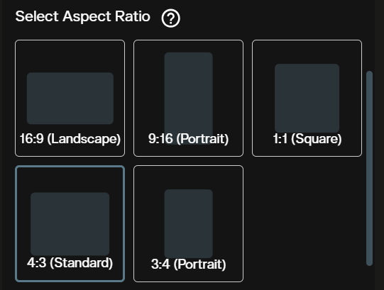 Luma Ray 3.2 text to video aspect ratio selector showing 16:9, 9:16, 1:1, 4:3, and 3:4 options