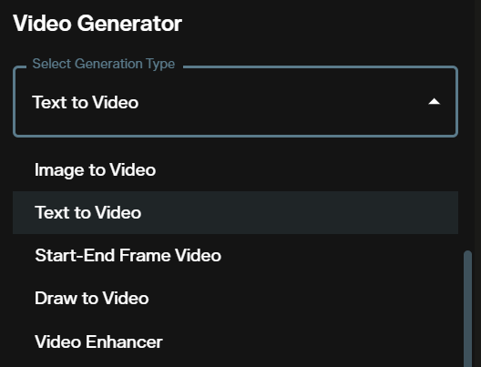 Luma Ray 3.2 text to video generation type selector on AI FILMS Studio video workspace