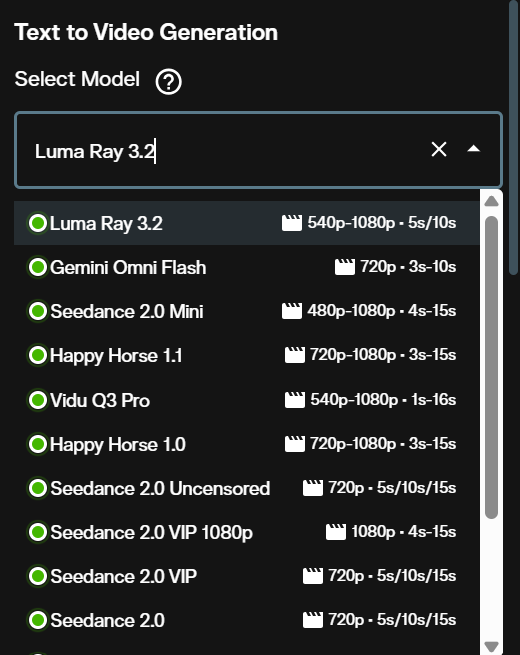 Model dropdown showing Luma Ray 3.2 selected in the AI FILMS Studio video generation workspace