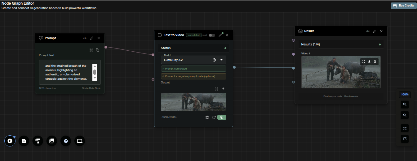 Luma Ray 3.2 text to video workflow in the AI FILMS Studio Nodes Graph Editor with connected nodes