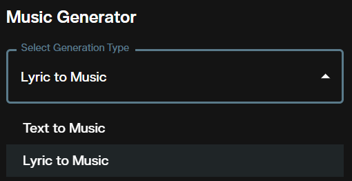 Select Generation Type dropdown showing Text to Music and Lyric to Music options