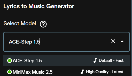 Model picker showing ACE-Step 1.5 marked Default and Fast alongside MiniMax Music 2.5