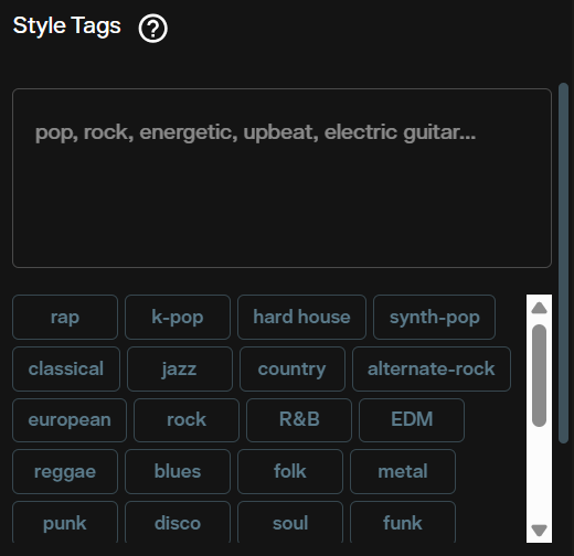 Style Tags field with genre buttons including rap, k-pop, hard house and synth-pop