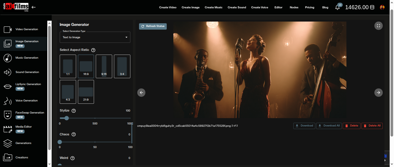 Midjourney 8.0 text-to-image controls in AI FILMS Studio showing prompt field, aspect ratio, Stylize, Chaos, and Weird sliders