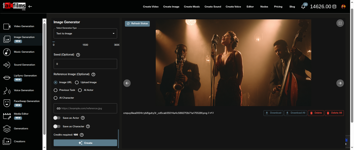 Four images generated by Midjourney 8.0 displayed in a grid in the AI FILMS Studio output area after generation completes