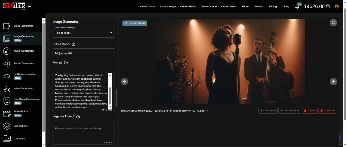 AI FILMS Studio image workspace showing the MidJourney 8.0 model selected in the Image Generator panel with controls visible